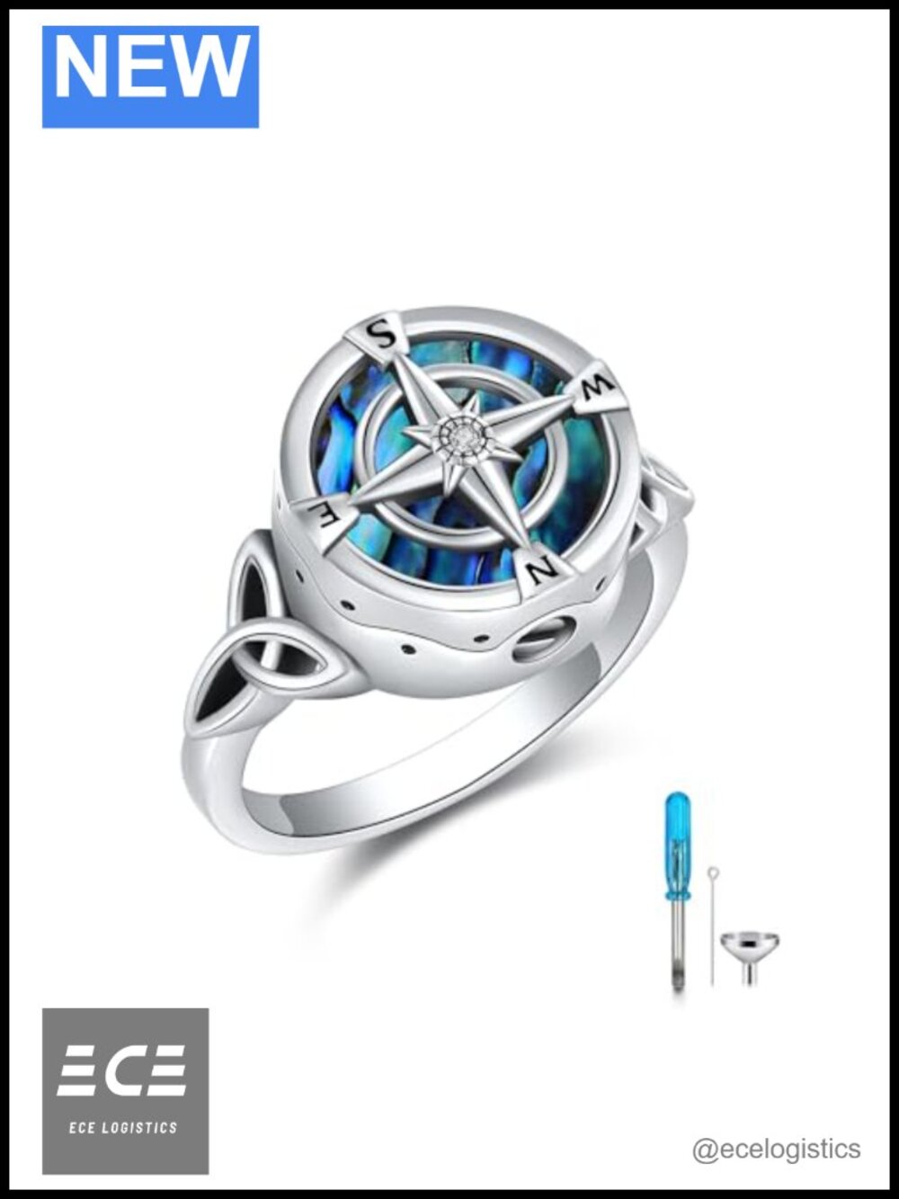 925 Sterling Silver Urn Ring Ashes Abalone Compass Cremation